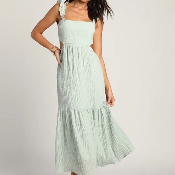 Dreamiest Darling Mint Smocked Tie-Back Tiered Midi Dress,  Green Ruffle Dress - Picture 1 of 11